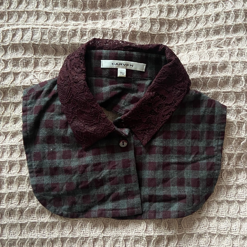 Carven Burgundy and Gray Checkered Lace Collar